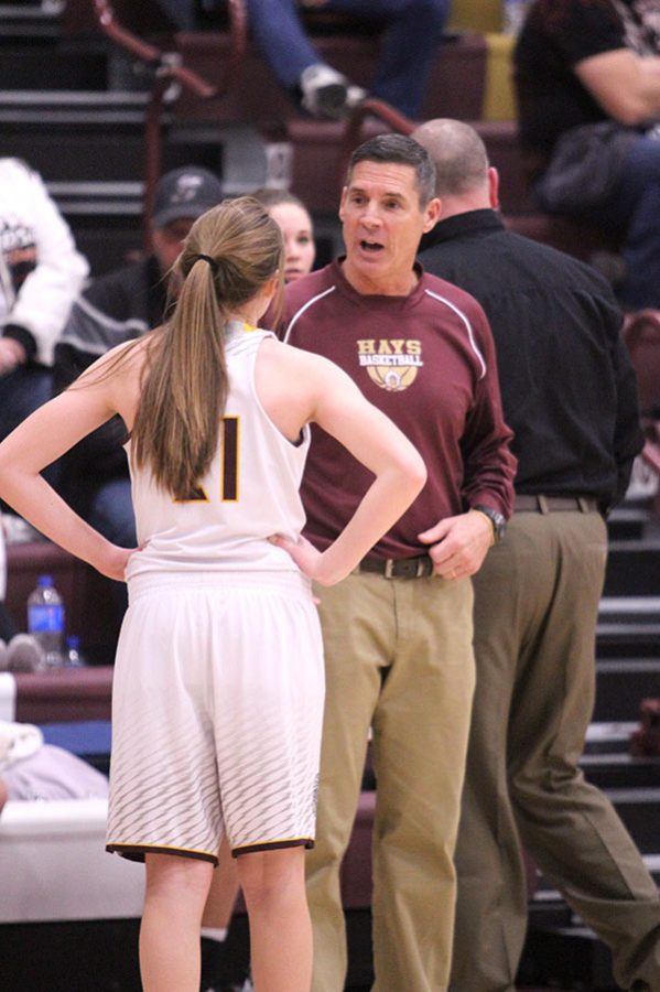 Coach Kirk Maska coaches sophomore Kallie Leiker in a recent game. The Lady Indians fell to the Life Prep Academy Fire on Feb. 3. 