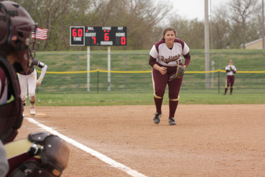 Sophomore third baseman Shyann Schumacher waits to field the ball in a recent game against the Garden City Buffalos. On April 18, the Indians beat the Colby Eagles at home. 