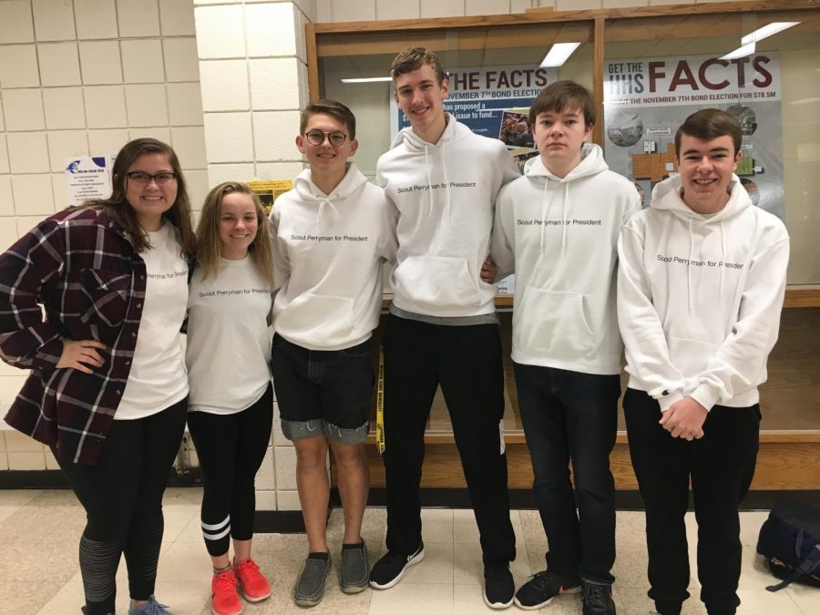 Juniors Shyann Schumacher, Isabelle Braun, Scout Perryman, Cade Swayne, Spencer Wittkorn and Cameron Karlin smile in their printed shirts and hoodies.