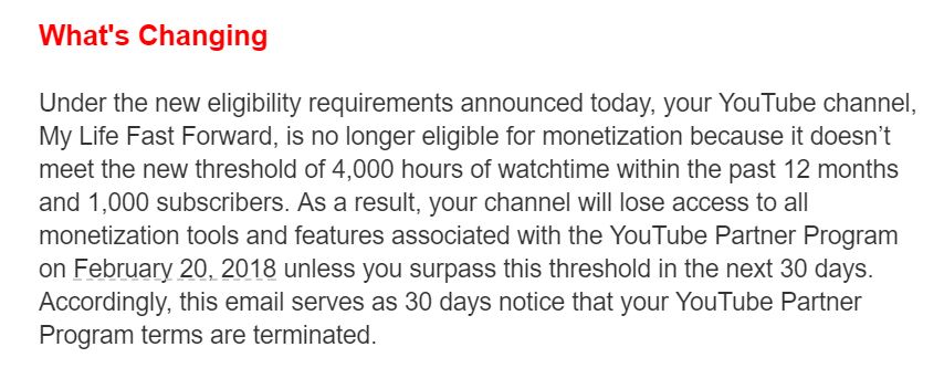 YouTubers affected by the YouTube Partner Program changes received an email similar to this one on Jan. 17.