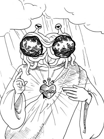 Student worships Flying Spaghetti Monster