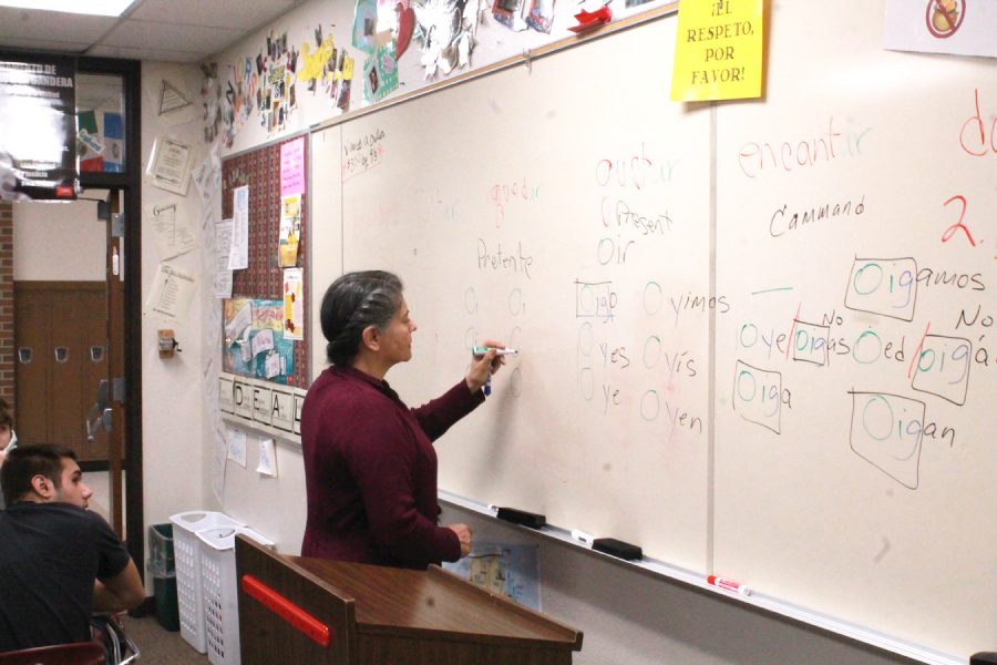 Instructor Gallegos-Haynes teaches students verb conjugation.