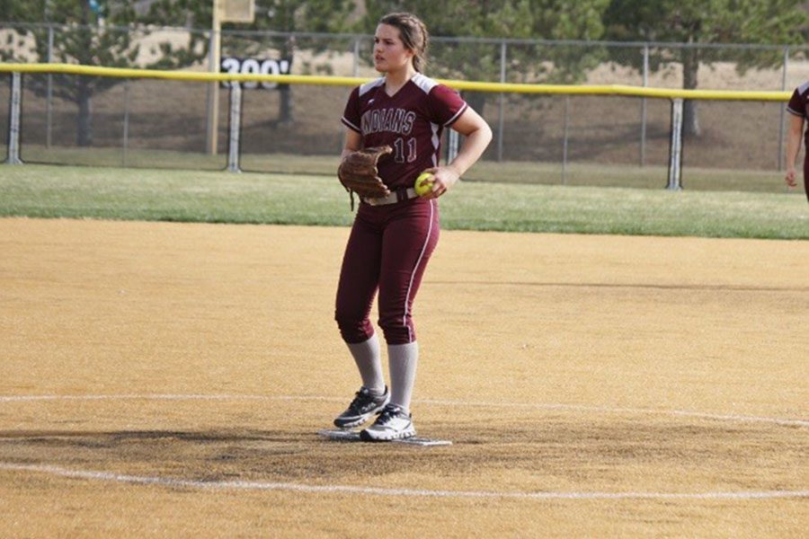 Junior Kaitlyn Brown starting her pitch at the Dodge City game on Apr. 5.
