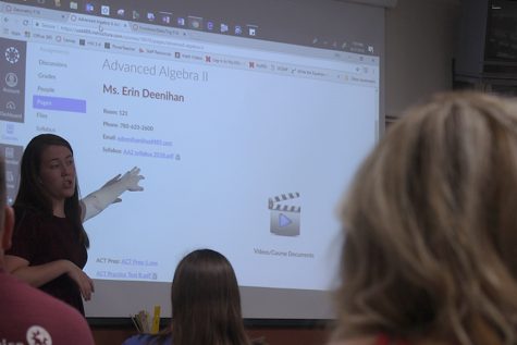 Instructor Erin Deenihan speaks to the parents of her Advanced Algebra II class about their Canvas page. Parents were told how students can use this page for ACT prep as well as catching up on classes missed.