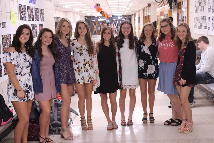Senior girls pose for last years dress up day during Homecoming week.