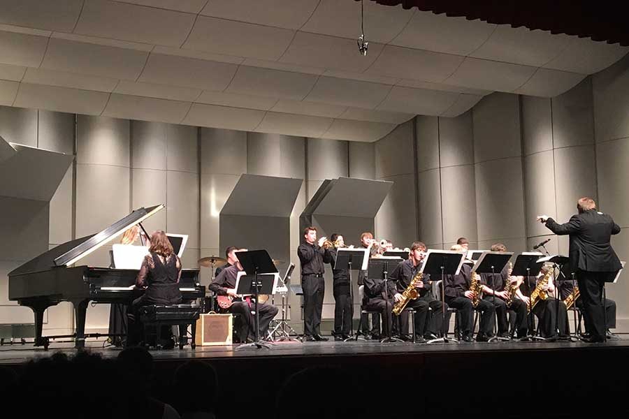 The Jazz Band as the perform All In For The Blues by Doug Beach, It Swings Upon A Midnight Clear by Larry Neeck, and Cerulean Blue by Gregory Yasinitsky.