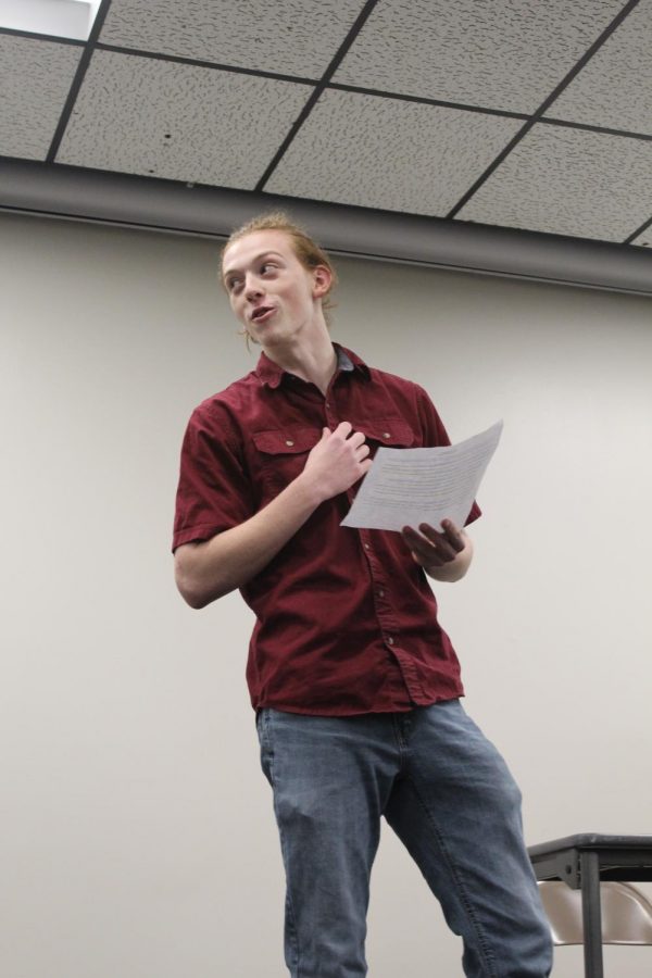 Senior Garrett Cole performs his monologue during auditions on Dec. 13. Cole was cast as Frank in this years play. 