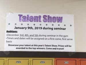 The talent show will be January 9th during seminar. Auditions will take place during the first week of December. 