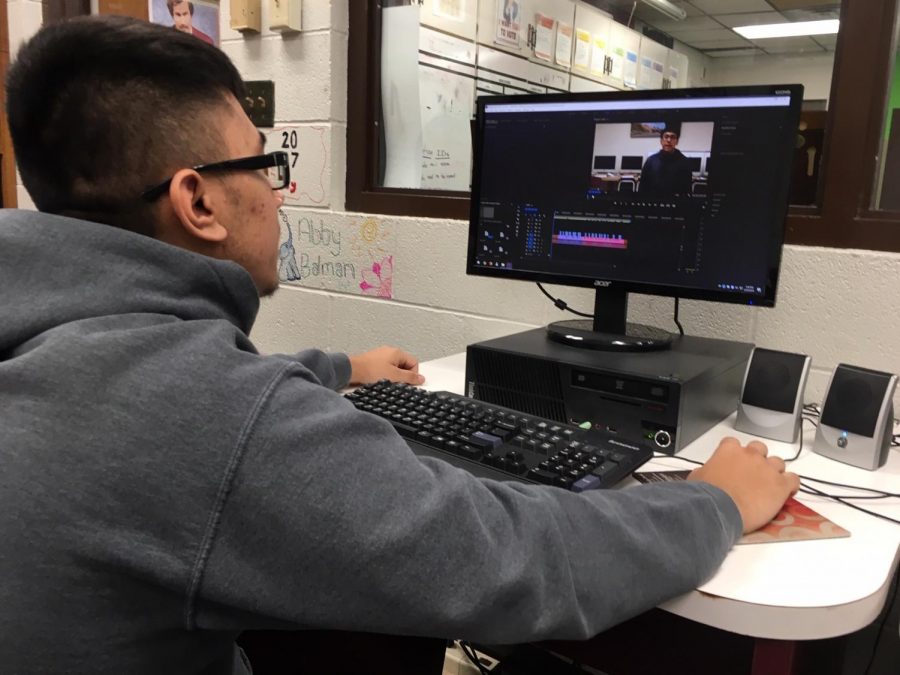 Junior Derrick Aragon works on a project for Video Production class. This was Aragons first year submitting anything to the Kansas Association of Broadcasters Student Broadcast Awards competition. Last year, I didnt do anything KAB worthy, in my opinion, Aragon said. 