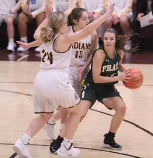 Seniors Mattie Hutchison and Kallie Leiker guard a Pratt player at a previous home game. The Indians are now 11-5 and will play the Abilene Cowboys on Feb.12.