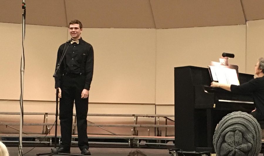 Junior Nathan Leiker performs Per la Gloria by Bonochini at the Hays Community Spring Concert. The Concert was held on April 15 at Felten-Start Theater. Four Hays High  soloists performed.