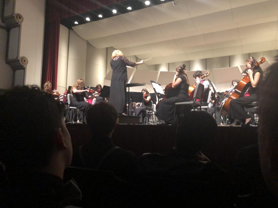 Orchestra director Joan Crull conducts the Concert Orchestra. Along with Concert Orchestra, Chamber Orchestra, Chorale, Chamber Singers, and Concert Choir performed at 7 p.m. on Oct. 8 at Beach/Schmidt Performing Arts Center.