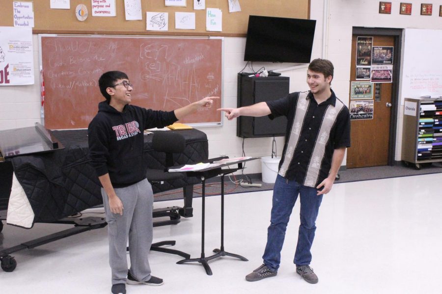 Senior Derrick Aragon and junior Eythun Wyatt perform in front of the panel of judges for the talent show auditions.