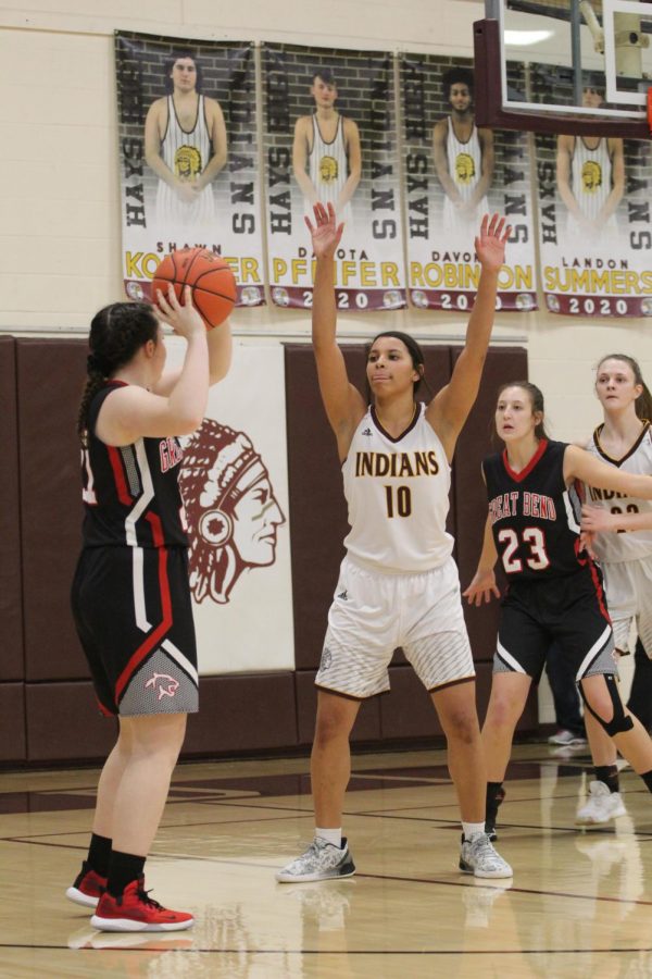 Senior Tasiah Nunnery plays defense against Great Bend during the home game on Jan. 14. 