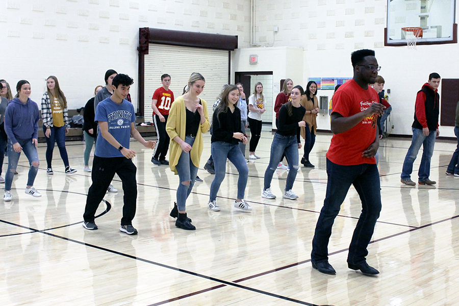 More than 30 students attended a swing/line dancing practice in Gym B held by Student Council. Members of the Fort Hays State University Barn Hoppers came to teach students how to dance for Indian Call.