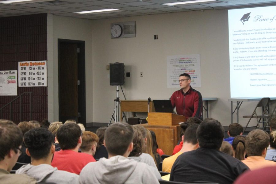 On Feb. 11, seniors attend a meeting in the Lecture Hall to discuss Project Graduation. Project Graduation will be held on May 10 at the Memorial Union in Fort Hays State University. 