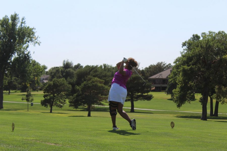 Junior Taleia McCrae tees off during the Hays Invitational during the golf season. McCrae was named to the All-WAC First Team and was also named Player of the Year. 