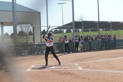 Junior Sydney Fagan waits at the plate for a pitched to be thrown during the first home game of the season against Dodge City. 
