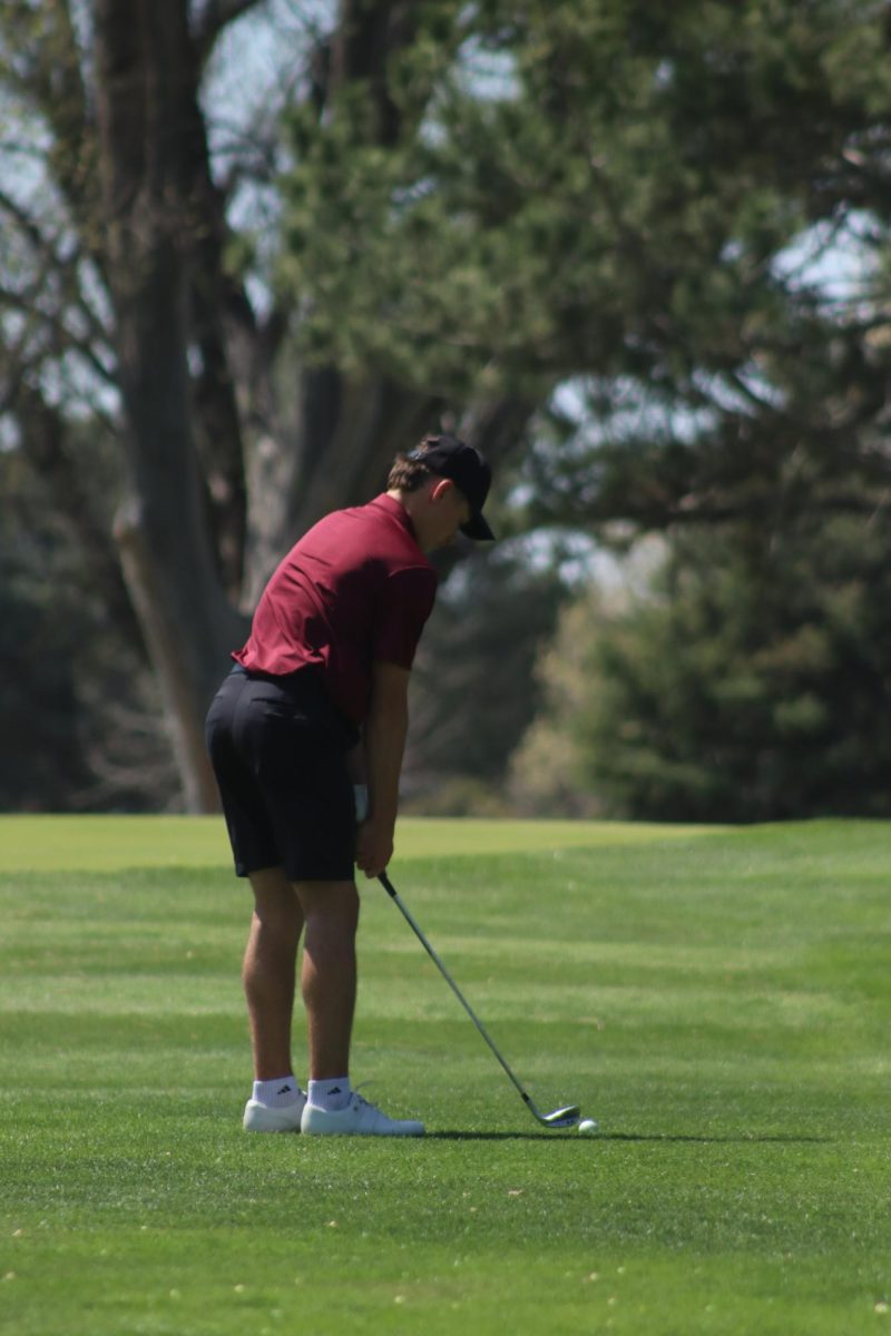 Sophomore Caleb Thompson prepares to hit the ball at the Hays tournament on April 15.