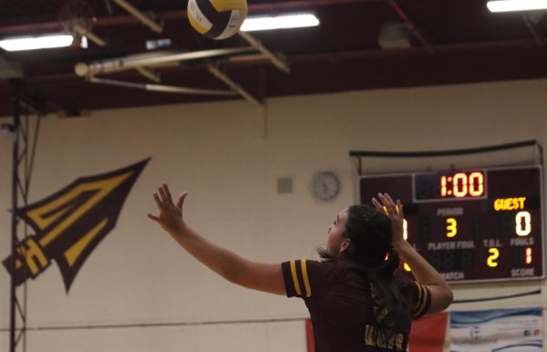 Junior Zoe Winter serves the ball at the Hays High School tournament on Aug. 27.