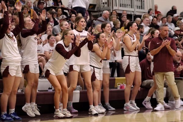 On February 28, the girls on the bench cheer on the team at the Great Bend game, where they won 67-23.