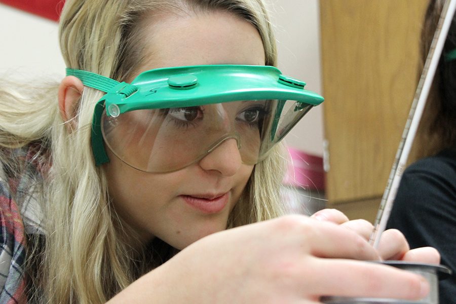 During Honors Chemistry II, senior Rachel Pendergast reads the thermometer inside the calorimeter. “This lab was challenging because we had to take very precise readings at various times throughout the experiment,” Pendergast said. “I enjoyed this lab because it had a very practical application.”