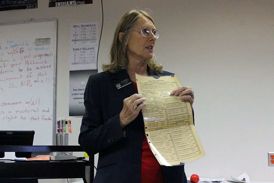 Kansas+Representative+Sue+Boldra+shows+the+AP+American+Government+a+copy+of+a+voting+ballot.+