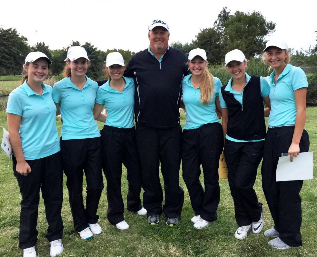 The Lady Indian golf team won the WAC title in the Great Bend Invitational on Oct. 3. Pictured left to right: freshman Sophia Garrison, junior Emily McGuire, junior Molly Eikenberry, Coach Mark Watts, junior Brittani Park, senior Karee Dinkel, junior Emily George