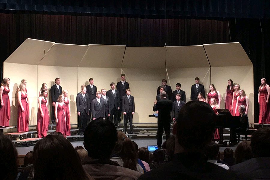 Chamber Singers performed two pieces at state Large Group. Normally choirs are required to perform three and have four prepared, however since Instructor Johnny Matlock took two choirs he was allowed to have one group only perform two pieces. The group performed Even When He Is Silent by Kim André Arnesen and Clocks, the fourth movement of a set of music called Time Pieces by Stephen Chatman.