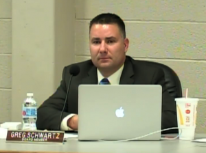 Board member Greg Schwartz debates the technology proposal at the board meeting. The meeting was held on April 30. The board voted 5-2 to pass the Dell Latitude proposal. Schwartz along with board member Lance Bickle voted against the proposal. 