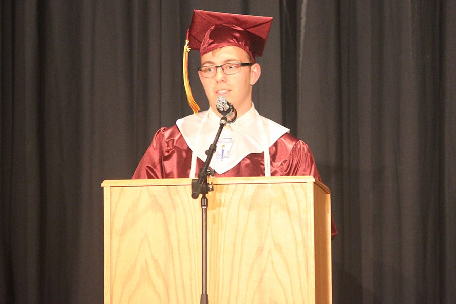 Senior Dusty Schneider speaks during the baccalaureate session.