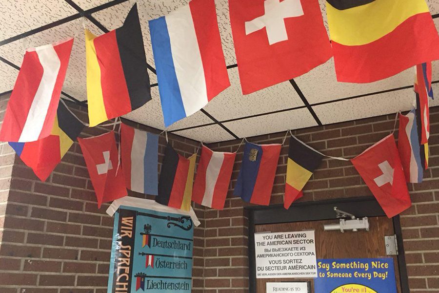The foreign language classrooms are easy to spot in the halls as they have the flags of their countries outside the room.
