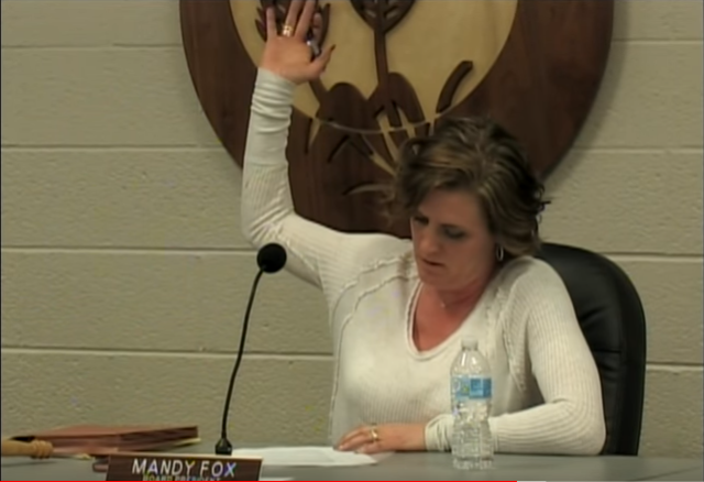 BOE president Mandy Fox raises her hand to vote against the iPads.