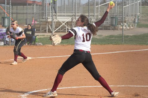Senior Jaysa Wichers pitching against Garden City on April 2. Wichers also pitched a total 14 innings on against Dodge City.