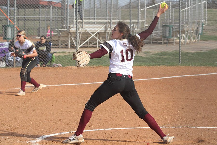 Senior Jaysa Wichers pitching against Garden City on April 2. Wichers also pitched a total 14 innings on against Dodge City.