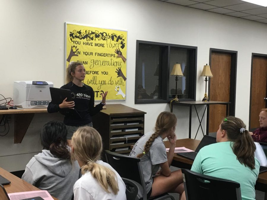 StuCo President Maddie Lohmeyer addresses StuCo members at the beginning of the meeting on Sept. 4.  Later on in the meeting, members broke into different committees for homecoming. 