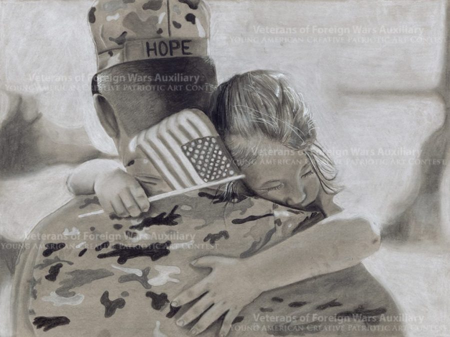 The charcoal drawing “Coming Home” by junior Silver Abbott from Elberta, Alabama represents the everyday motivation for American soldiers. The name Hope represents the hope that we hold onto, that our families will return home to us. Abbots work won last years $15,000 scholarship for 1st place.