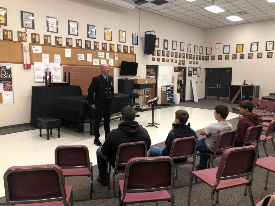Firefighter and EMT Travis Hageman had to be called back to the station during the presentation, but he still had the chance to answer a few of the students questions. A total of 15 students attended the meeting in the vocal room.
