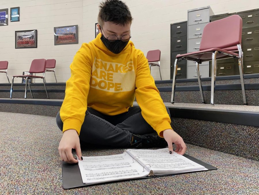 Senior Kai Kaufman studies one of his audition pieces in Pride Time. Every college follows a different set of guidelines for their auditions, with some setting extremely competitive standards that the students must work to meet. Kaufman believes his technique must be impeccable in order to put his best foot forward.