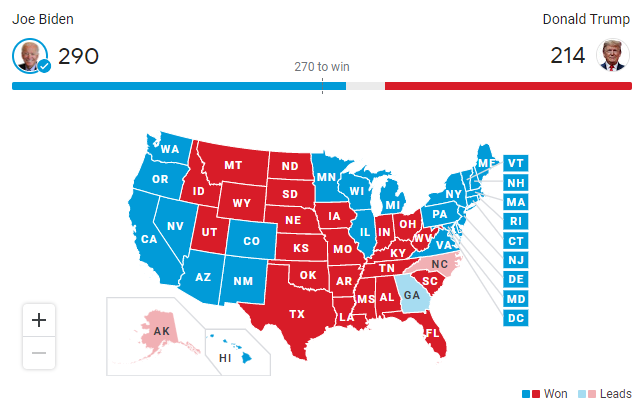 This is the electoral map for the 2020 presidential election so far. Joe Biden is the projected winner with 290 electoral votes as of now.