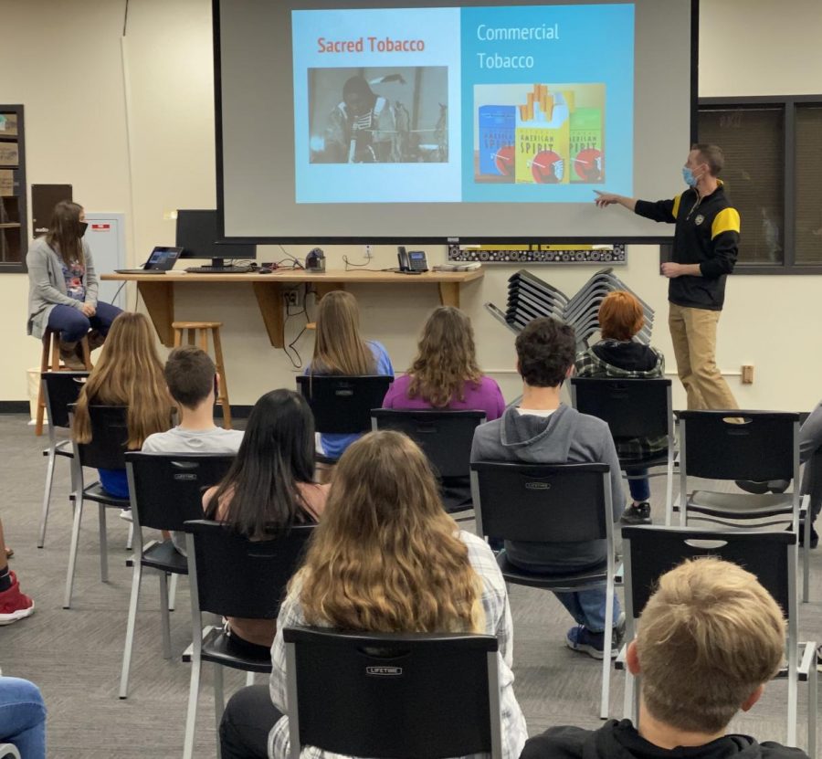 The representatives from the Smoky Hill Foundation for Chemical Dependency kick off their presentation on tobacco and vaping products by explaining different types of advertising used in the tobacco industry. The presentations took place on Nov. 11 and 18 in the library for the freshman health classes, taught by Haley Wolf.