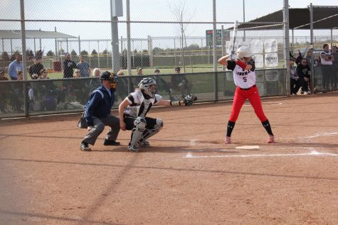 Junior Sydney Fagan waits for the pitch to be throw over the plate during the home game against Liberal on April 23. 