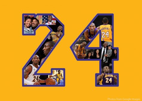 This collage contains images of Kobe Bryant, bordered by the number 24, his jersey number.