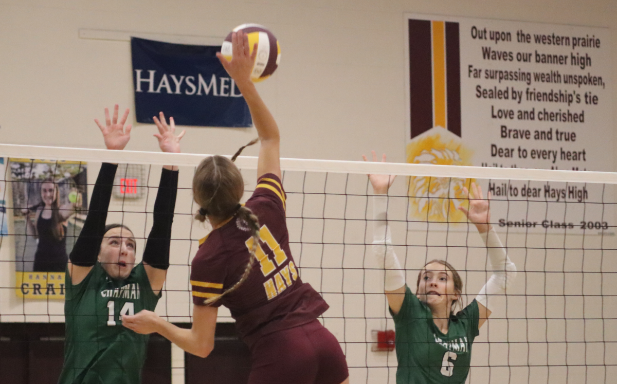 Senior Molly Martin spikes the ball at the Hays High volleyball game.