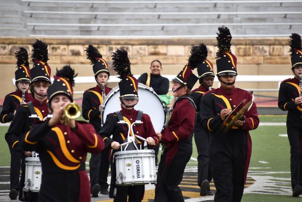 Students march at the rescheduled High Plains Marching Festival on October 28.