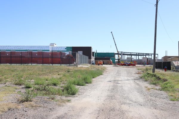 The entrance to the new high school showing the progress of the construction.