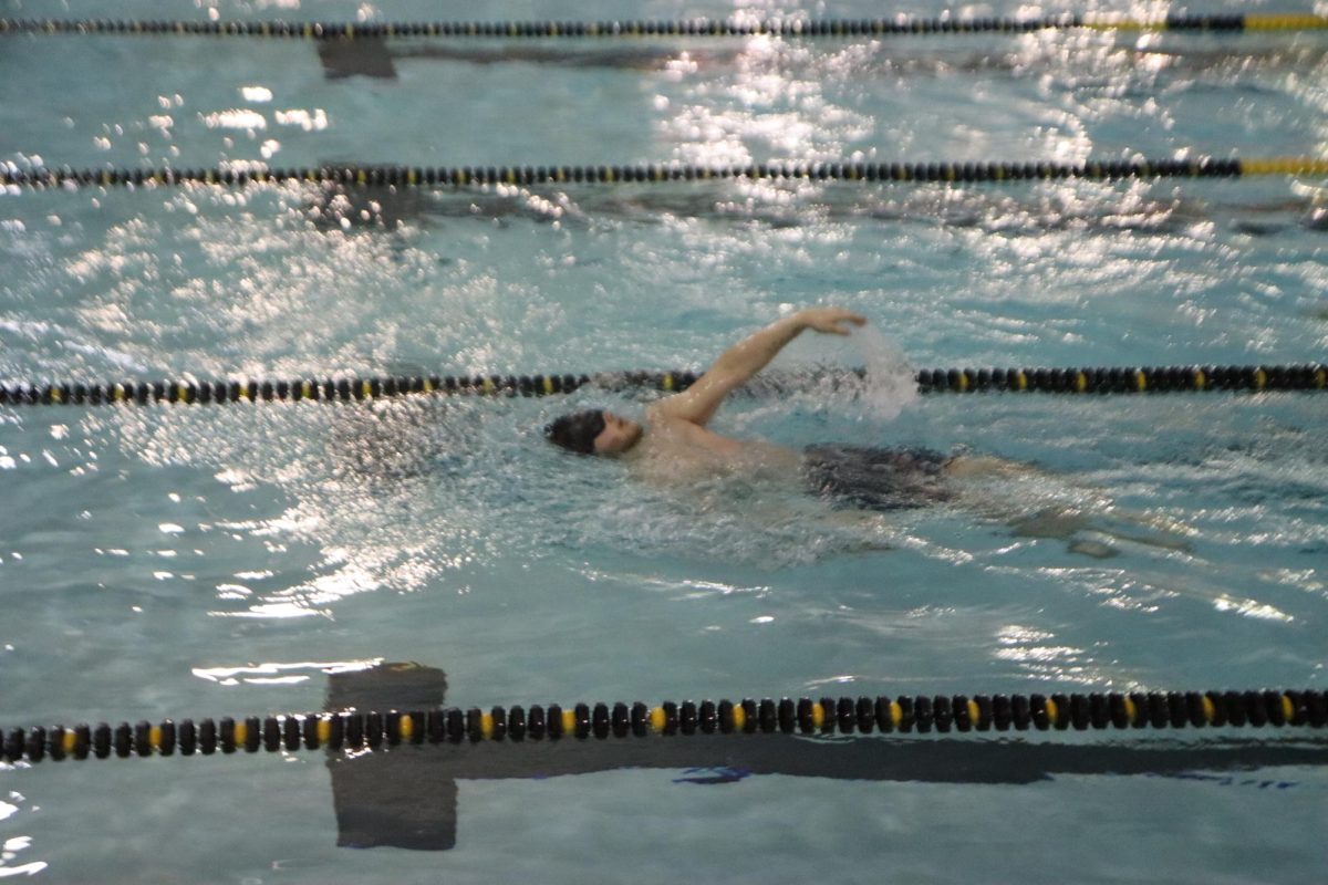 Senior Justin Reaves competes in the backstroke at the Hays meet on the 21 of January.